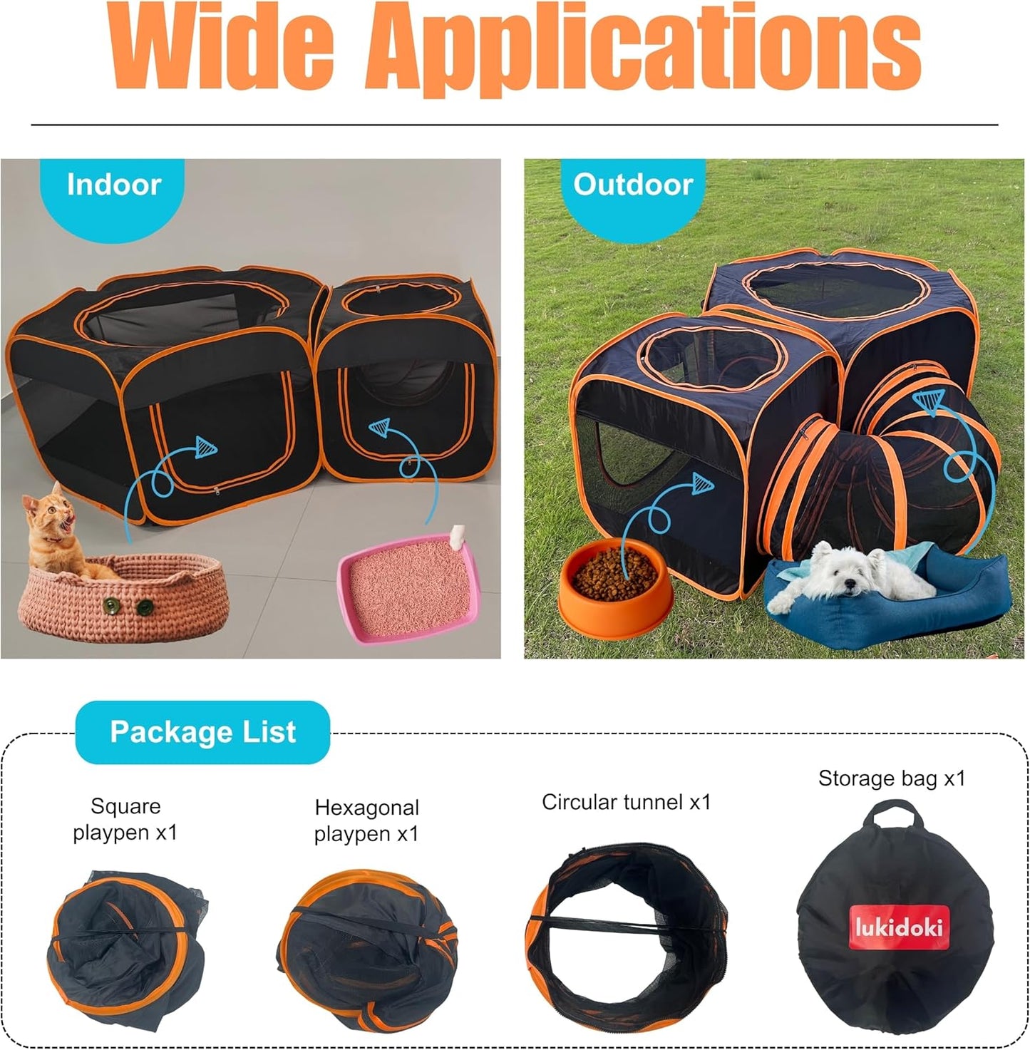 Portable Cat Dog Playpen Tent with Play Tunnel, Pop-up 3-in-1 Two-Room Pet Play House Tent, Foldable Pet Maternity Room for Puppy & Kitten, Condo for Small Animals Indoor Outdoor Play Tent