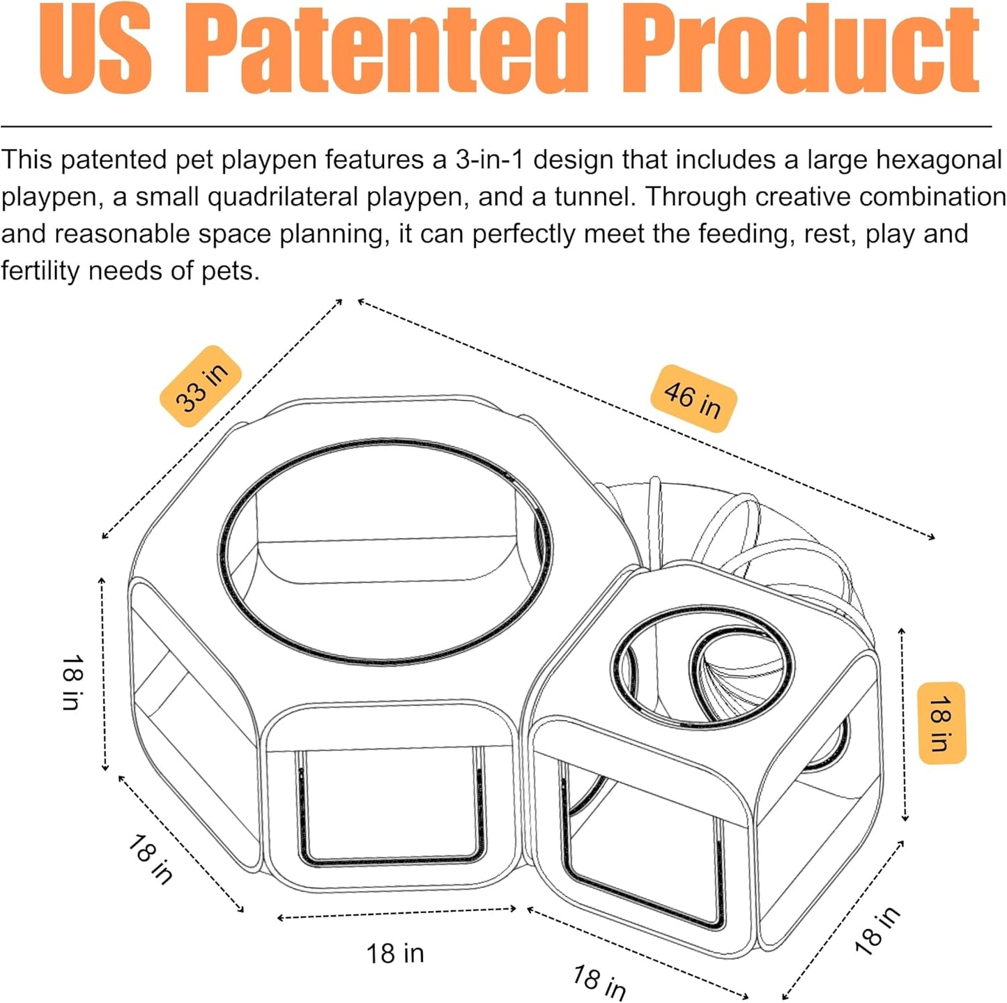 Portable Cat Playpen with Play Tunnel, Pop-up 3-in-1 Foldable Pet Maternity Room for Puppy & Kitten