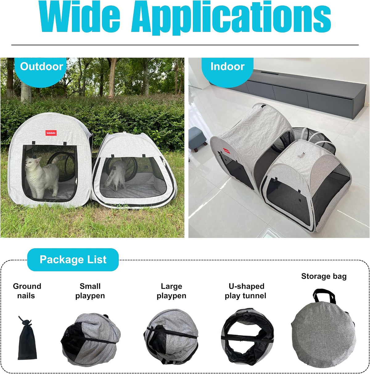 Portable 3-in-1 Cat Playpen with Tunnel- 52"L x 40"W x 28"H
