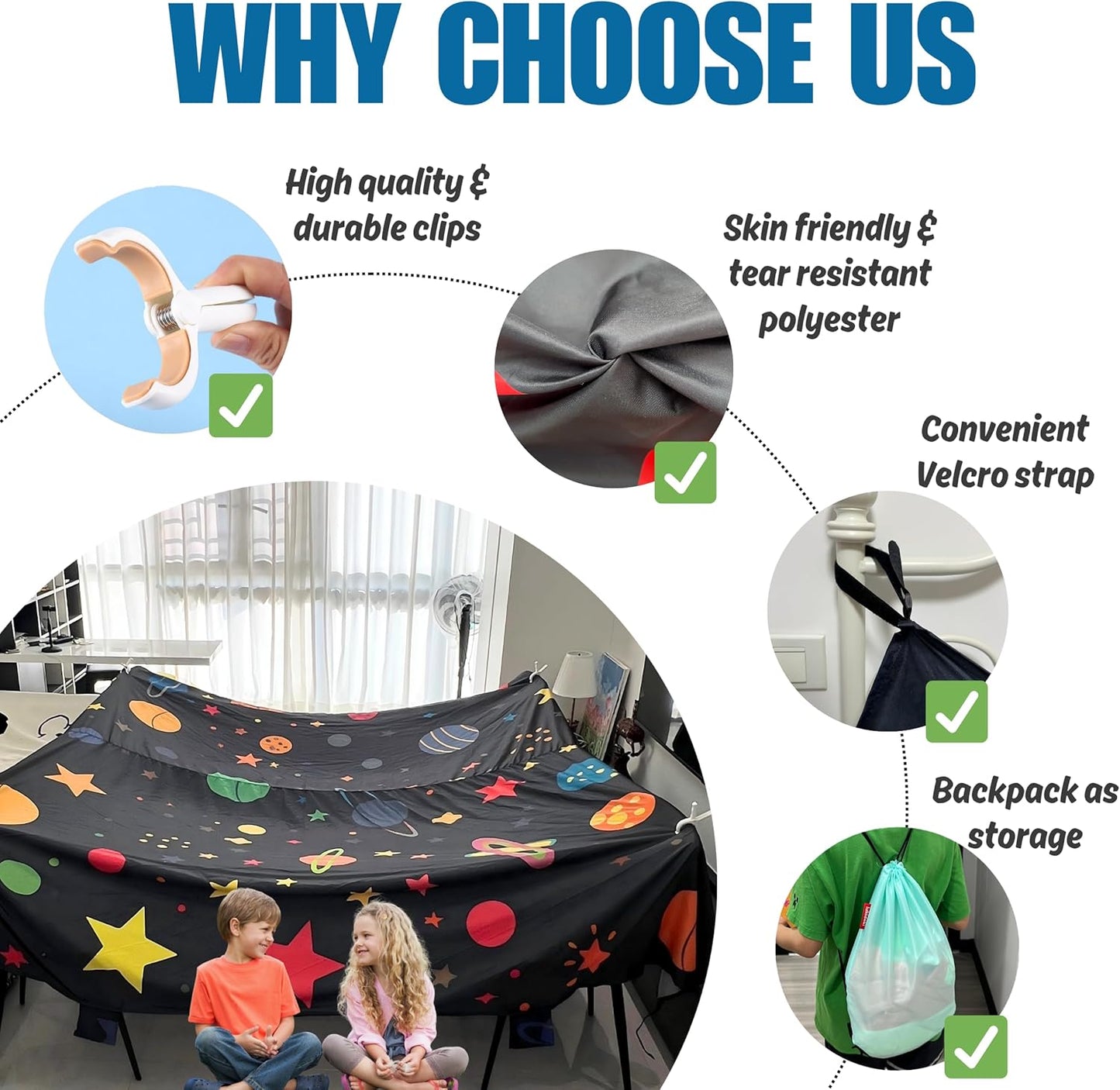 Magic Blanket Fort Building Kit for Kids -Space | Creative Indoor & Outdoor Play Tent | CPC Certified