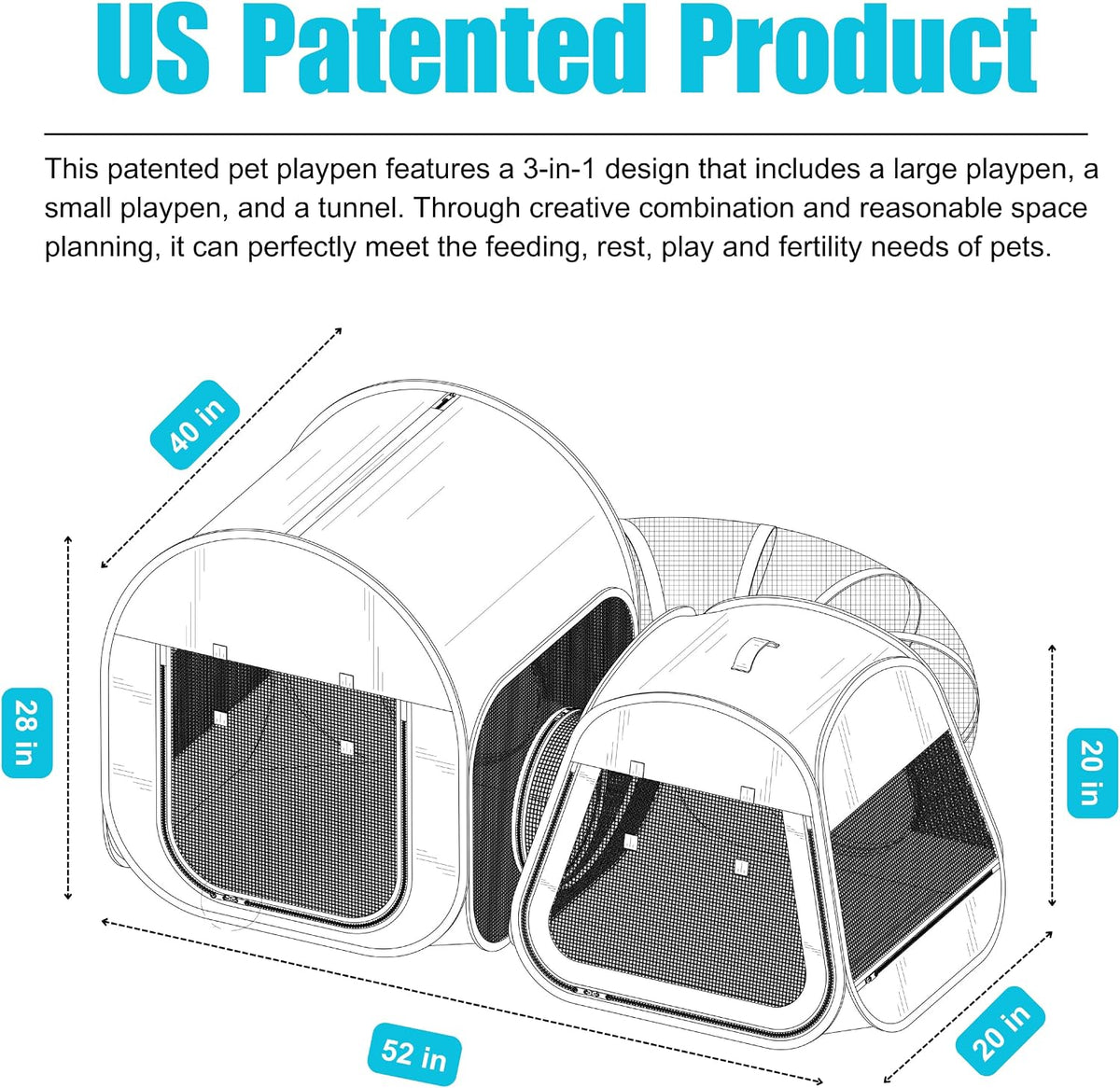 Portable 3-in-1 Cat Playpen with Tunnel- 52"L x 40"W x 28"H