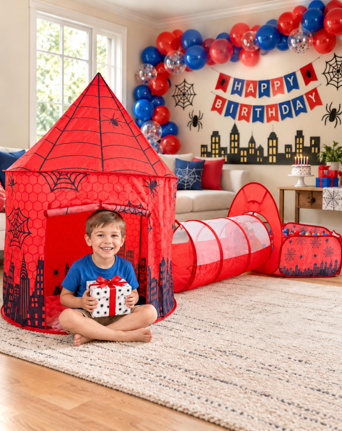 3-in-1 Pop-up Spidey-inspired Kids Play Tent with Tunnel & Ball Pit