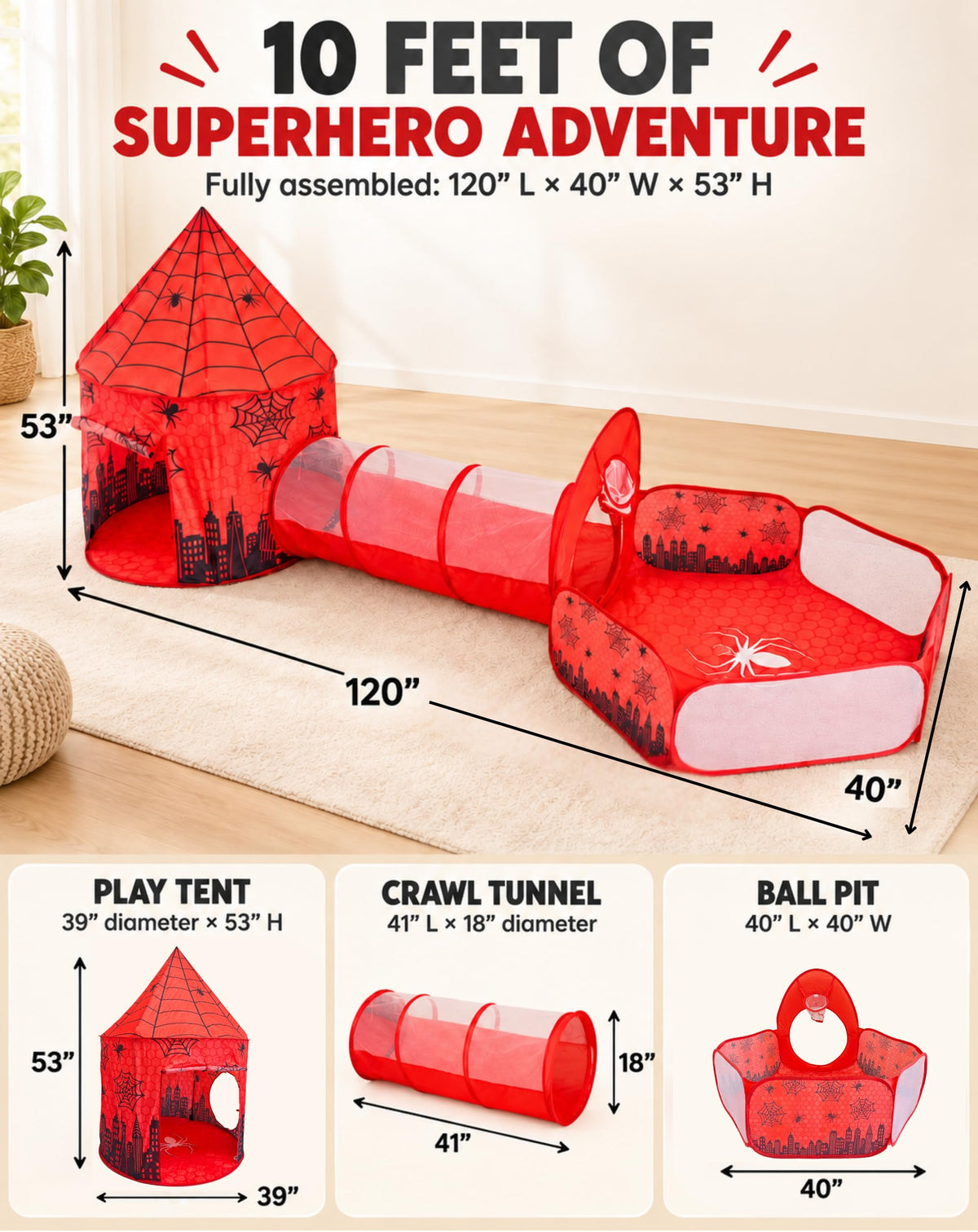 3-in-1 Pop-up Spidey-inspired Kids Play Tent with Tunnel & Ball Pit