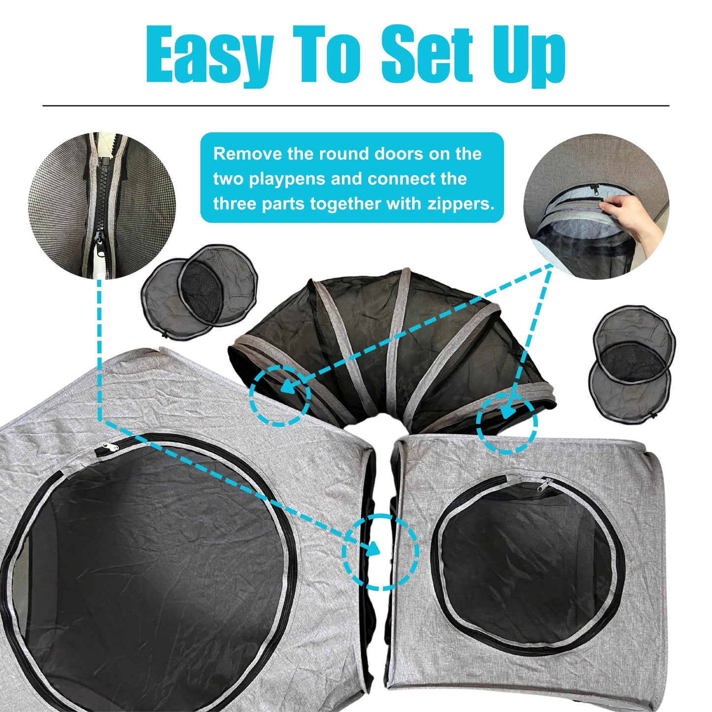 3-in-1 Portable Pet Playpen for Cat & Dog, Foldable Pet Tent for Indoor & Outdoor- Light Grey