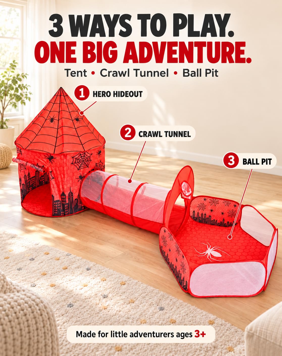 3-in-1 Pop-up Spidey-inspired Kids Play Tent with Tunnel & Ball Pit