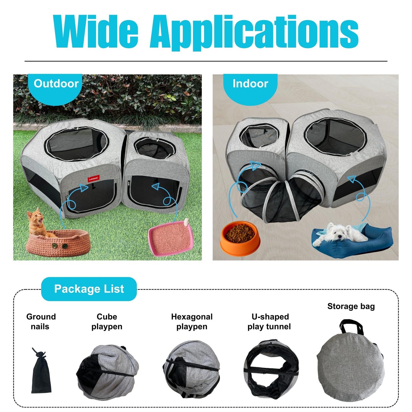 3-in-1 Portable Pet Playpen for Cat & Dog, Foldable Pet Tent for Indoor & Outdoor- Light Grey