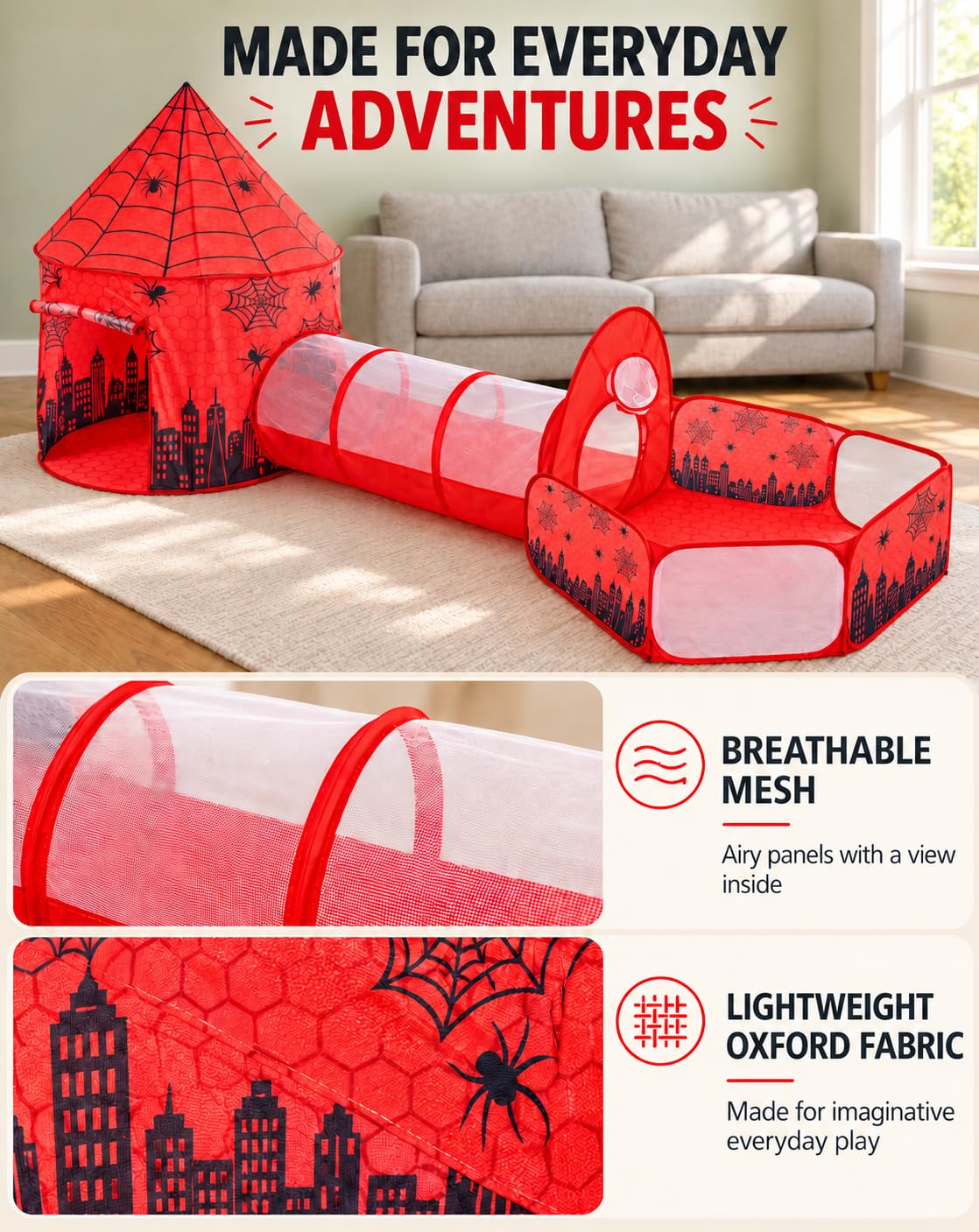 3-in-1 Pop-up Spidey-inspired Kids Play Tent with Tunnel & Ball Pit
