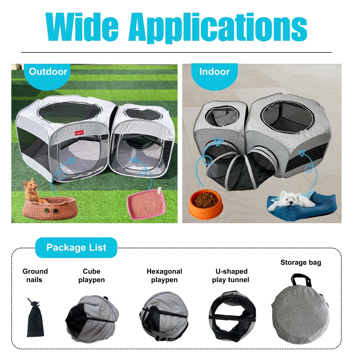 3-in-1 Portable Pet Playpen for Cat & Dog, Foldable Pet Tent for Indoor & Outdoor- Light Grey