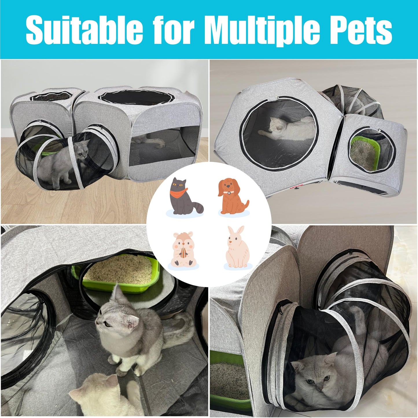 3-in-1 Portable Pet Playpen for Cat & Dog, Foldable Pet Tent for Indoor & Outdoor- Light Grey
